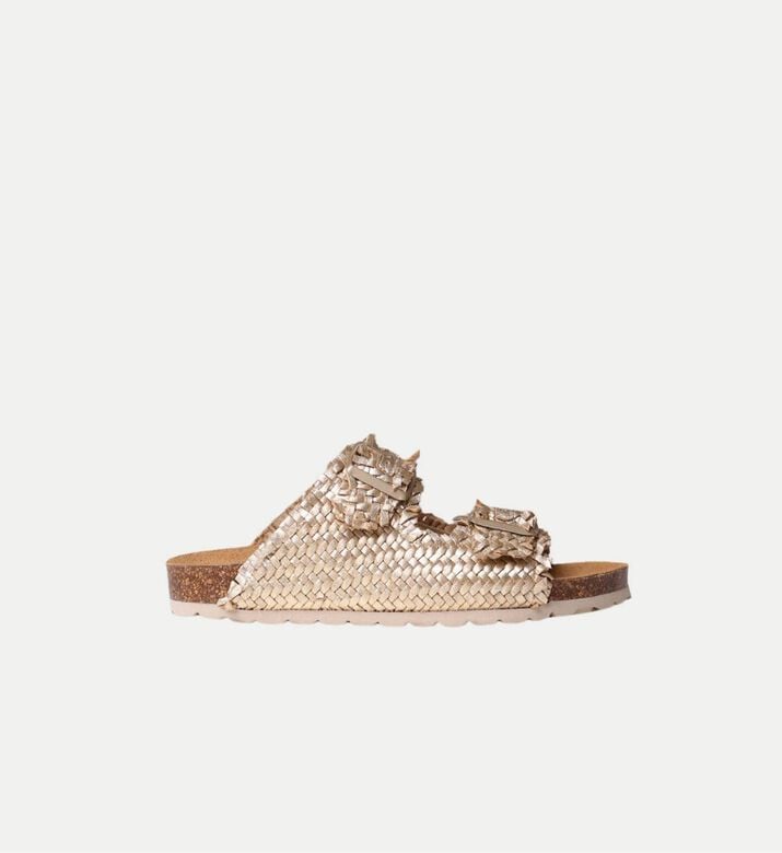 صندل مسطح غوام تي مفتوح من الأمام جلد رافييا