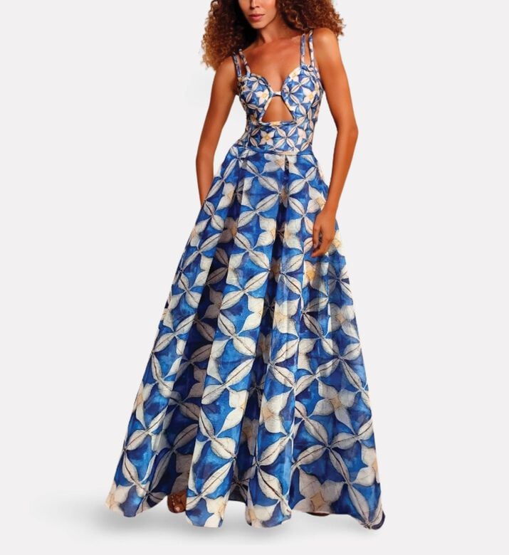 Karla Vivian Mediterranean Tile-print Pleated Maxi Skirt, Model View