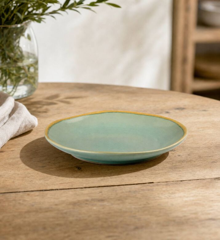 Home Deco and More Maison Gold Rim Dessert Plate, Blue, 20-cm, Model View