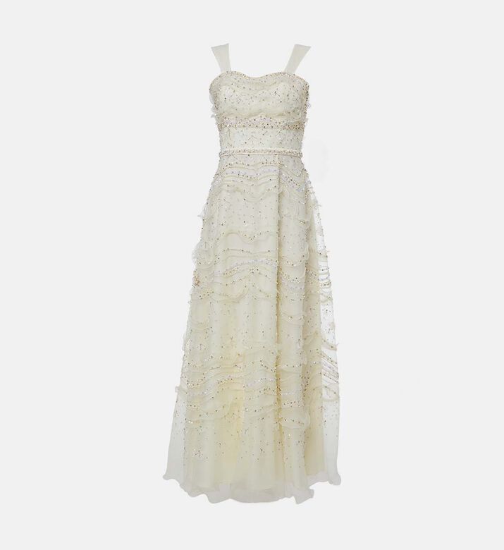Beaded Sequin Tiered Ruffled Cloche Skirt Maxi Dress