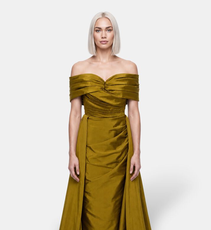 Suzy Matar Satin Off-shoulder Draped Gown, Model View
