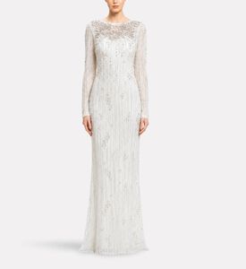 Michael Cinco Beaded Fringe Long Evening Gown, Model View