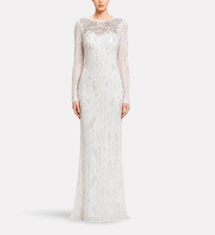 Michael Cinco Beaded Fringe Long Evening Gown, Model View