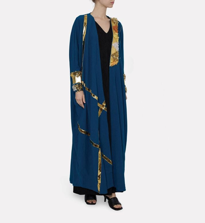 Dalia Al Azem Embellished Metallic Fringed Cuffs Abaya, Model View