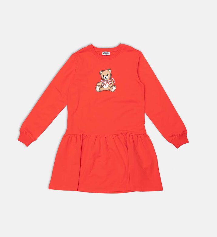 Teddy Bear-print Long-sleeve Flared Dress