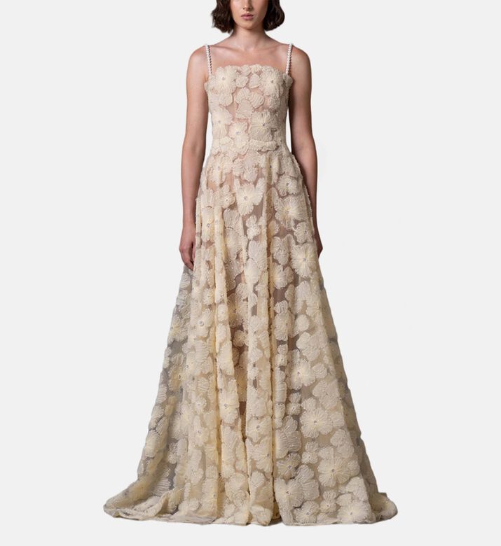 Jean Louis Sabaji Floral-embroidery Flared Gown, Model View