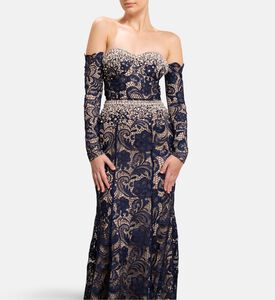 Michael Cinco Off-shoulder Lace Long Dress, Model View