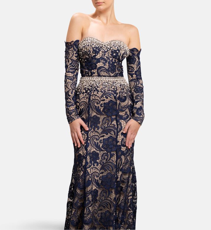 Michael Cinco Off-shoulder Lace Long Dress, Model View