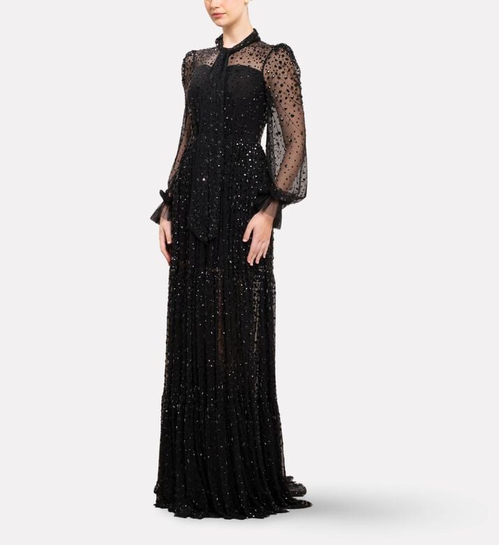 Michael Cinco Sheer Sleeves Long Dress, Model View