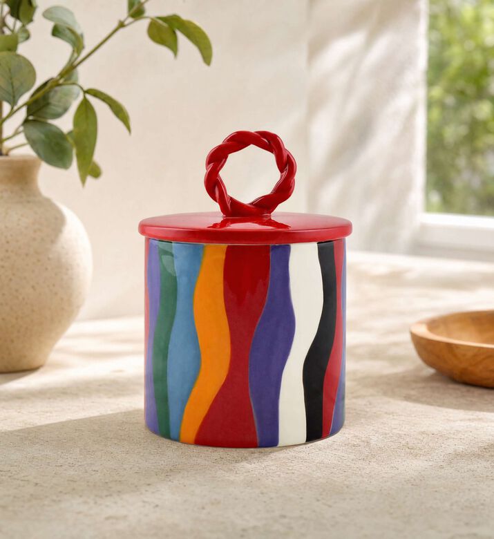 Que Rico Ceramic Stripe Design Lid Handle Jar, Model View