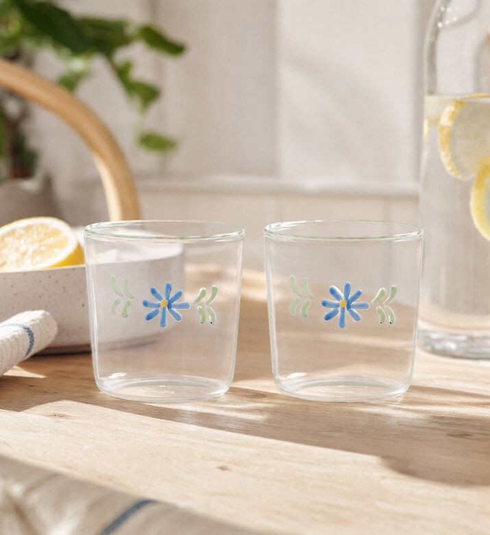 &k Amsterdam Floral-print Glasses Set-2, Blue, Model View