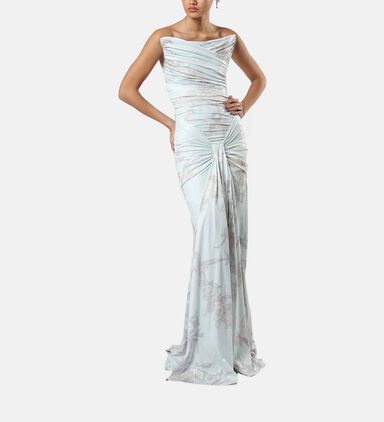 Rushed Draped Floral-print Gown