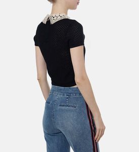 Lace Collar Open-knit Short-sleeve Top