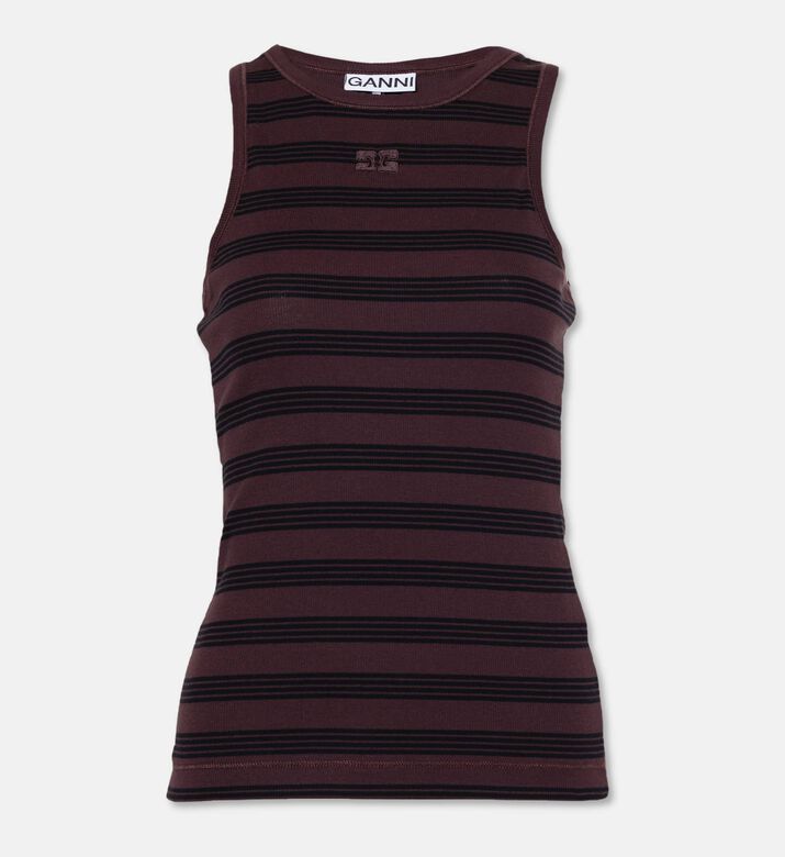 Ganni Tonal Logo Embroidered Micro-stripe Tank Top, Brown, S, Packshot View