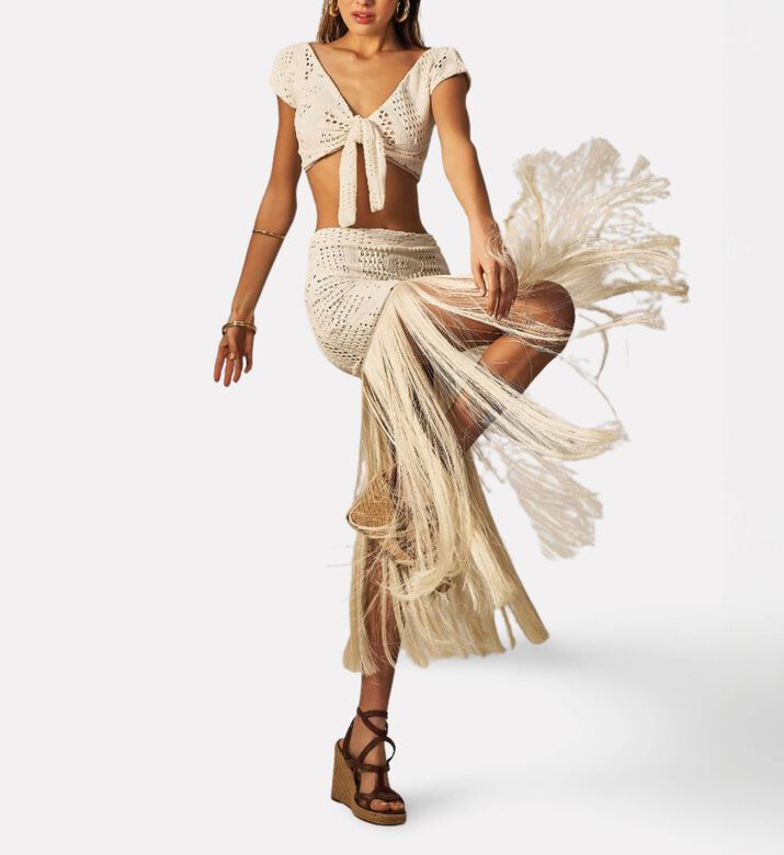 Empress Fringe Detail Crochet Skirt, Model View