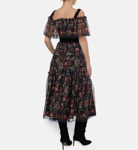 Blue For Burgundy Floral-print Ruffled A-line Dress, Model View