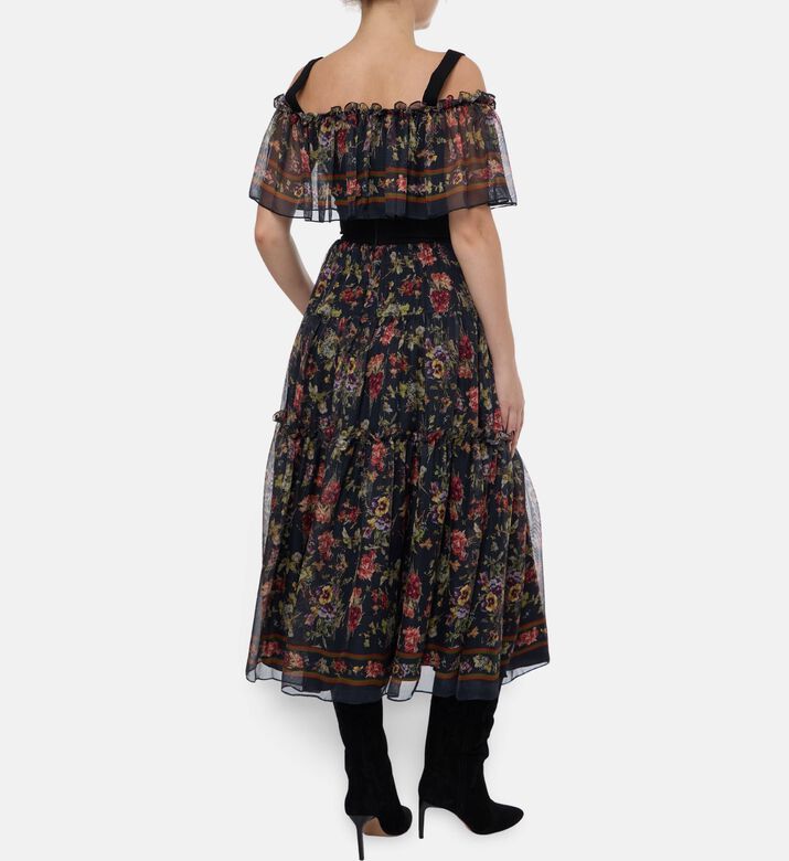 Blue For Burgundy Floral-print Ruffled A-line Dress, Model View