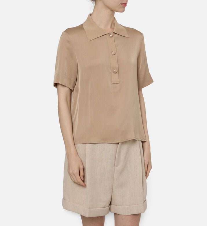 Edward Achour Paris Knitted Short-sleeve Polo Top, Beige, 44, Model View