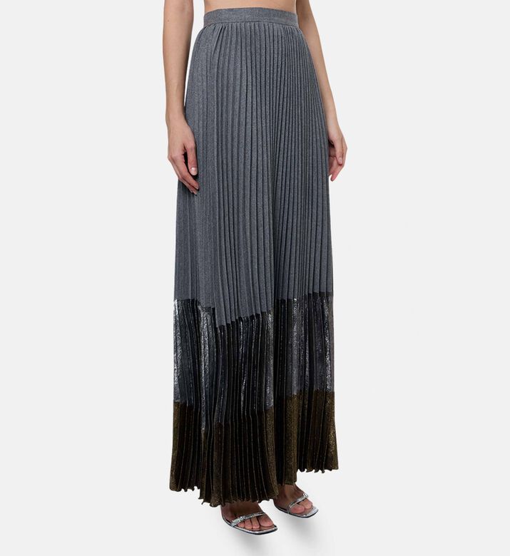 Blue For Burgundy Metallic Pleated Panels Knit Maxi Skirt, Model View