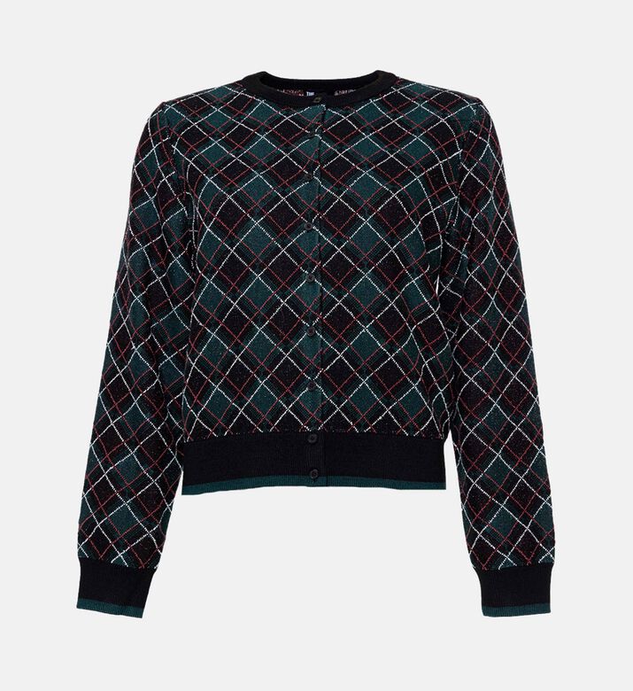 The Kooples Contrasting Diamond Pattern Cropped Cardigan, Packshot View