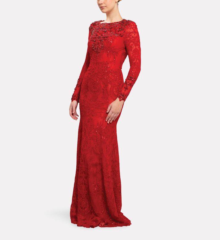 Michael Cinco Embellished Lace Long Evening Gown, Model View