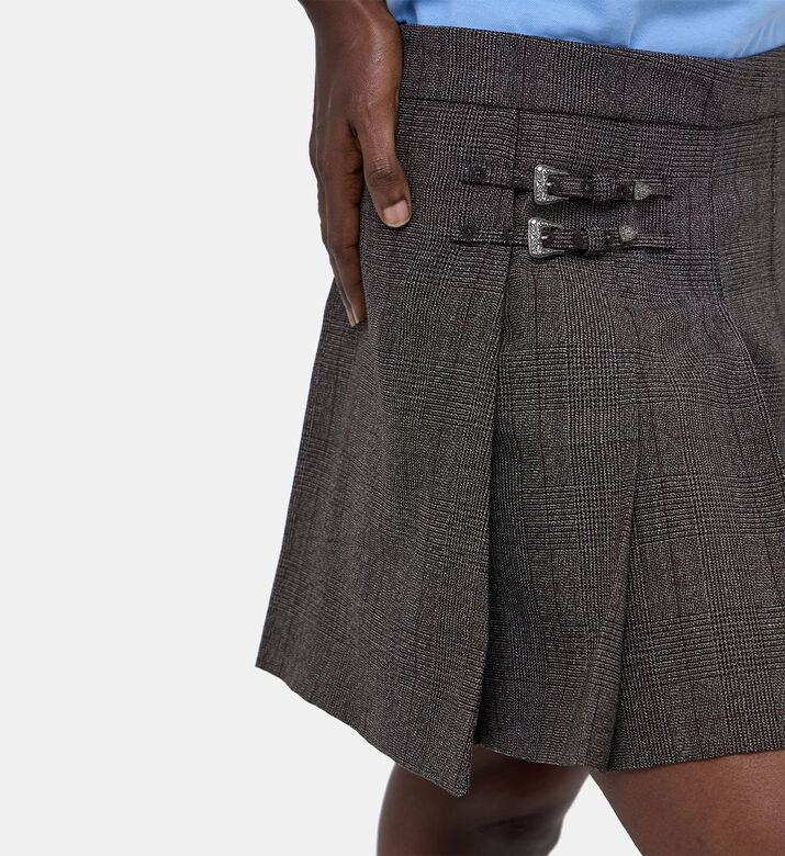 Prince Of Wales Wool Pleated Wrap Mini Skirt