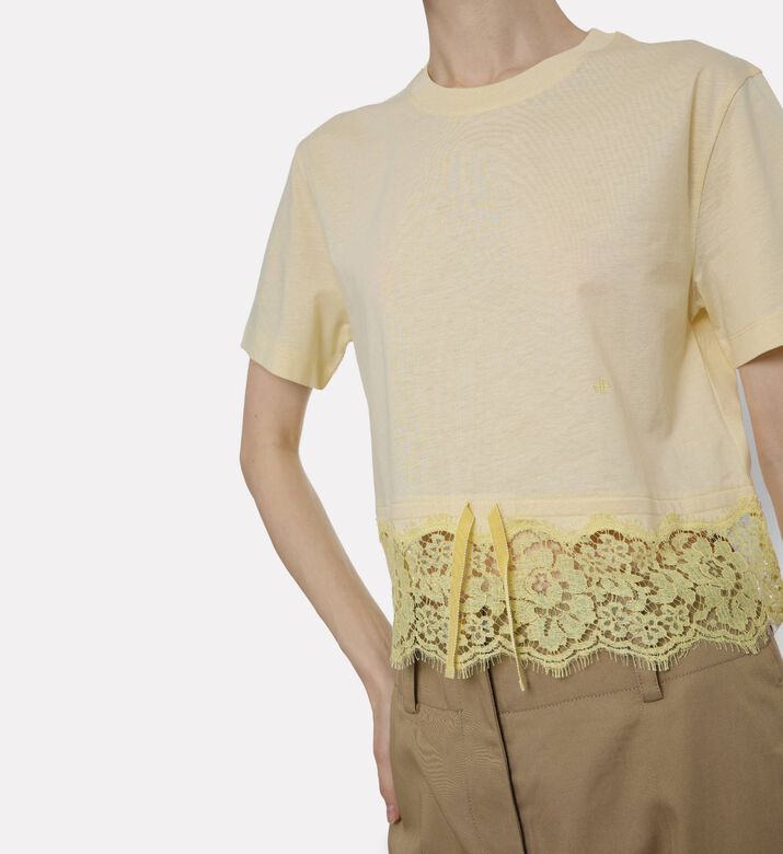 Patou Lace Hem Gathered T-shirt, Yellow, L, Model View