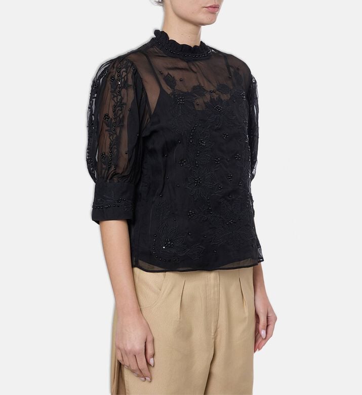 Farm Rio Embroidered Short Sleeve Blouse, Model View