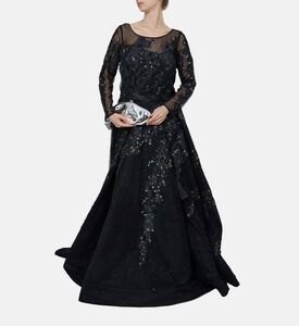 Black Sequin Embellished Long Flared Dress