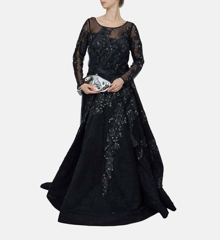 Black Sequin Embellished Long Flared Dress