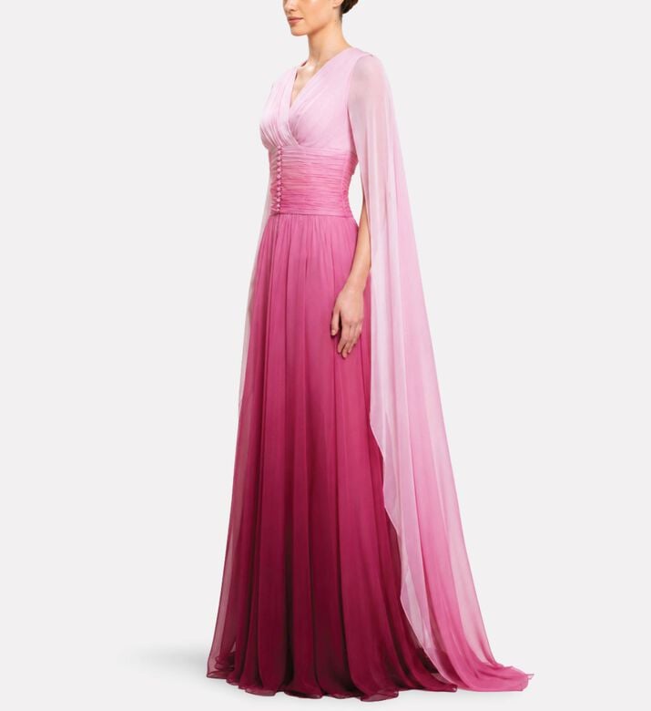 Michael Cinco Chiffon Draped V-neck Evening Dress, Model View