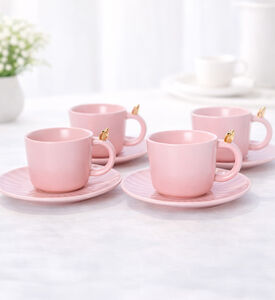 Home Deco and More Bird Coll 4-piece Tea Cup Saucer Set, Pink, Packshot View
