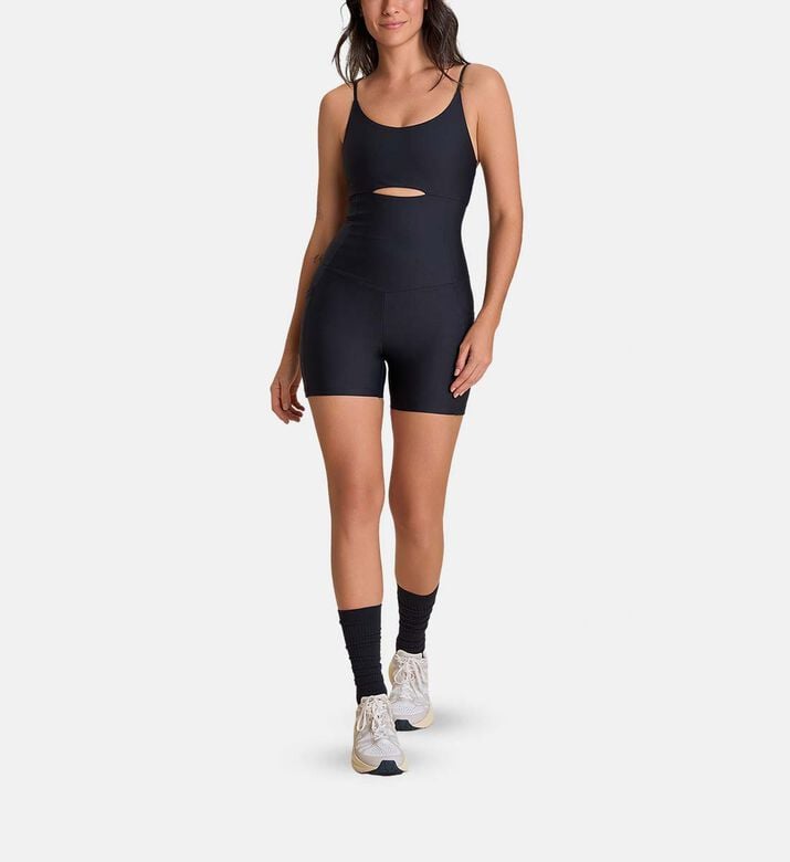 LIVE! Horizontal Cut-out Mid-thigh Jumpsuit, Model View LIVE! Horizontal Cut-out Mid-thigh Jumpsuit, Model View