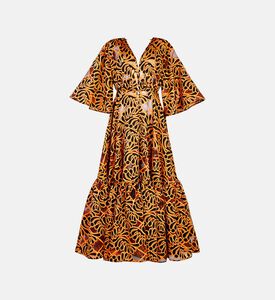 فستان متوسط الطول واسع بياقة في بطبعة تجريدية