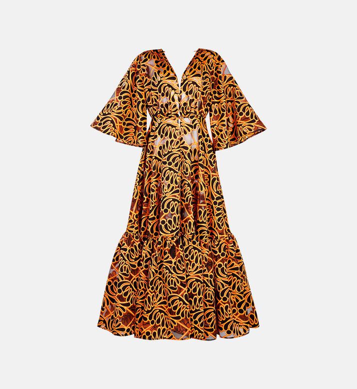 فستان متوسط الطول واسع بياقة في بطبعة تجريدية