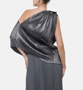 Blue For Burgundy Pleated Ribbon One-shoulder Top, Model View