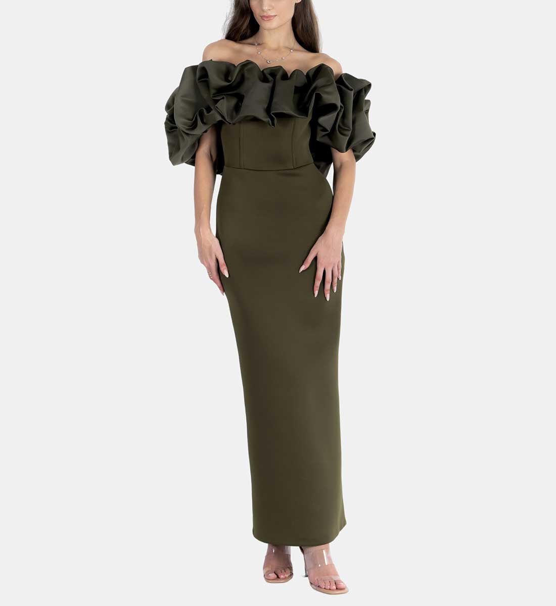 Off shoulder neoprene gown store