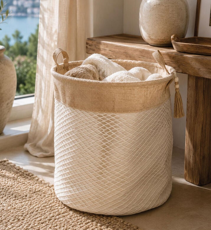 Home Deco and More Canvas Jute Round Storage Basket, Packshot View