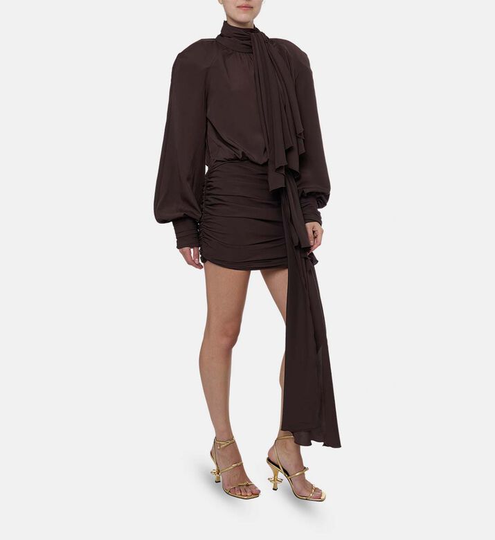 Rowen Rose Bowed Collar Ruched Mini Dress, Model View