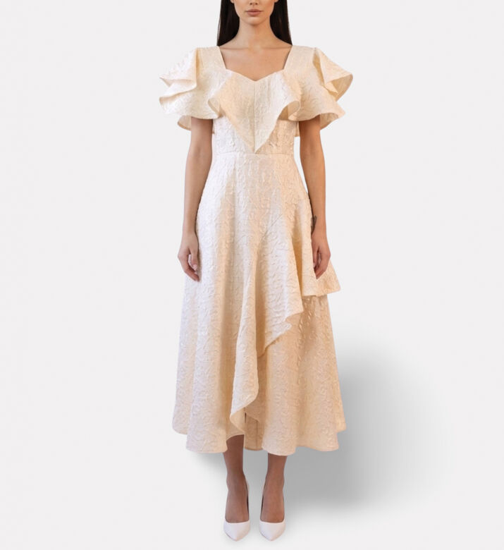 Poca and Poca Asymmetric Ruffled Midi Dress, Model View