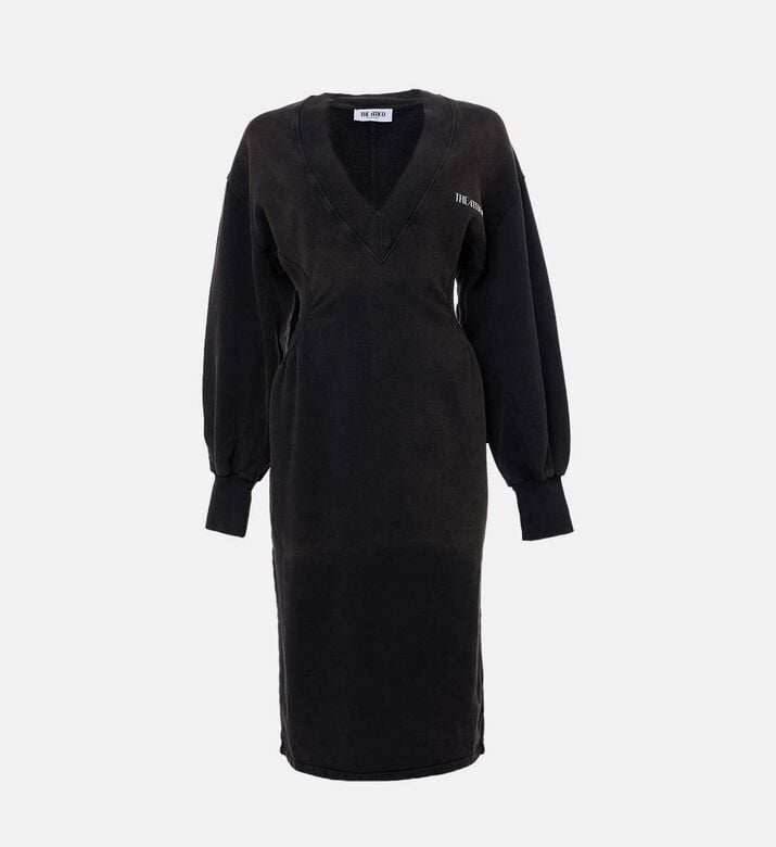 Embroidered V-neck Long-sleeve Midi Dress