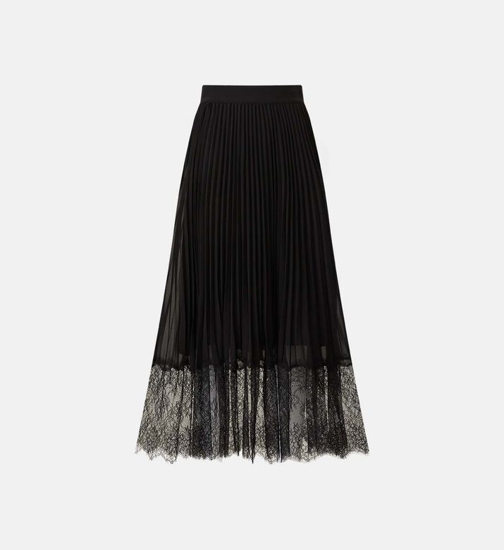 Lace Trim Pleated Midi Skirt