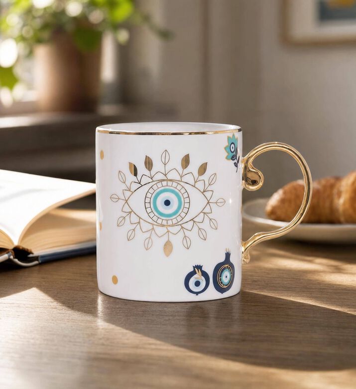 Home Deco and More Evil Eye Gold Handle Mug, Model View