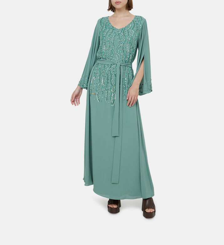 Rhinestones Belted Maxi Gown