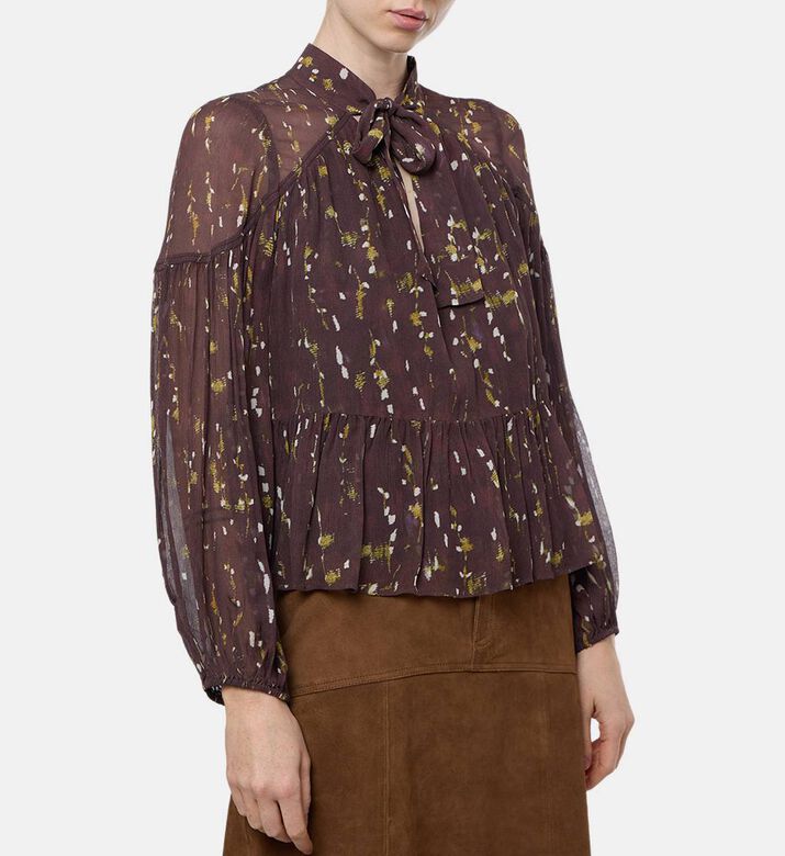 Ba and Sh All-over Graphic-print V-neck Top, Brown, L, Model View