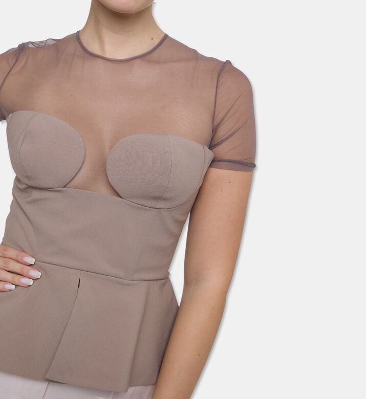 Nensi Dojaka Sheer Illusion Peplum Bustier Top, Model View