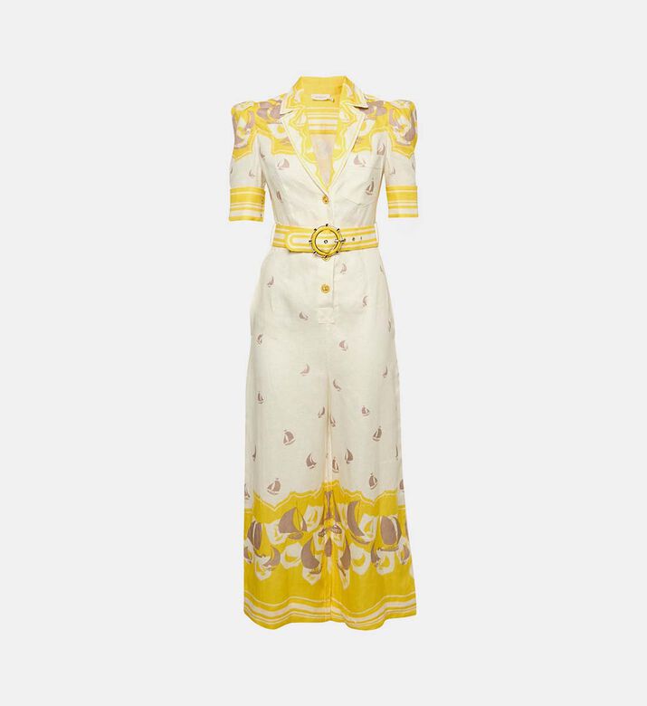 Zimmermann White Yellow High Tide Linen Belted Jumpsuit Preowned