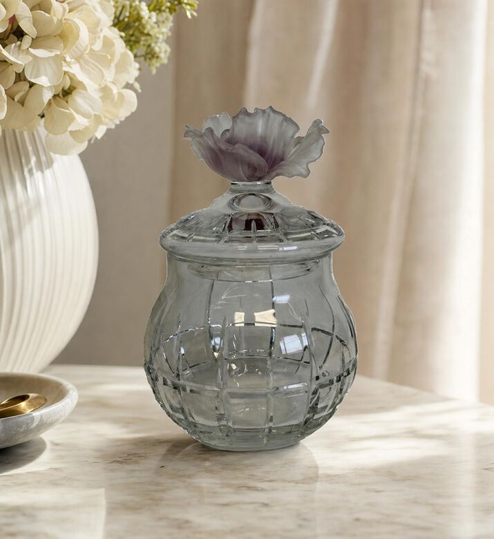 Cristal de Paris Glass Sculpted Floral Lid Jar, Model View