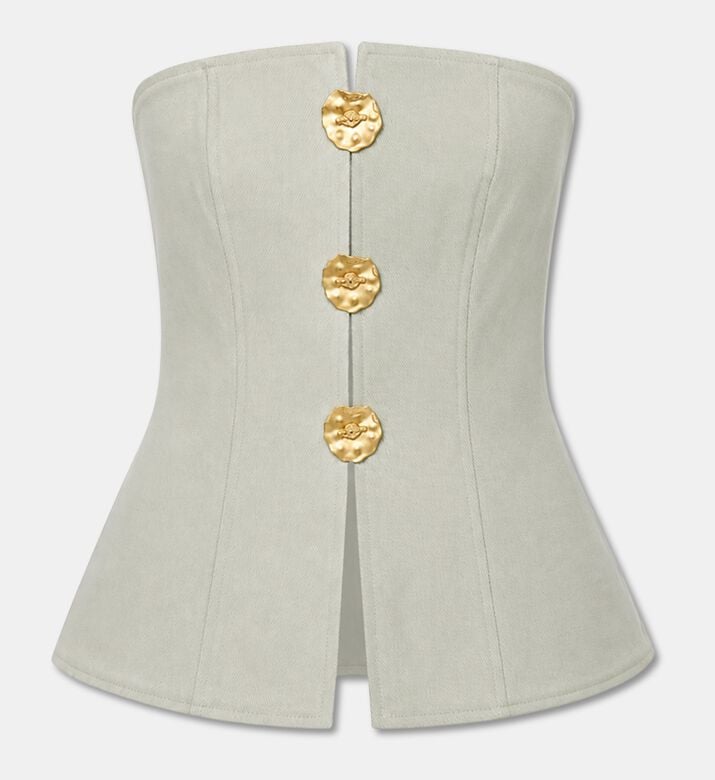 Blue For Burgundy Gold-tone Hammered Buttons Two-tone Peplum Top, Green, 38, Packshot View