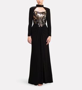 Michael Cinco Draped Bodice Cutout Long Evening Gown, Model View